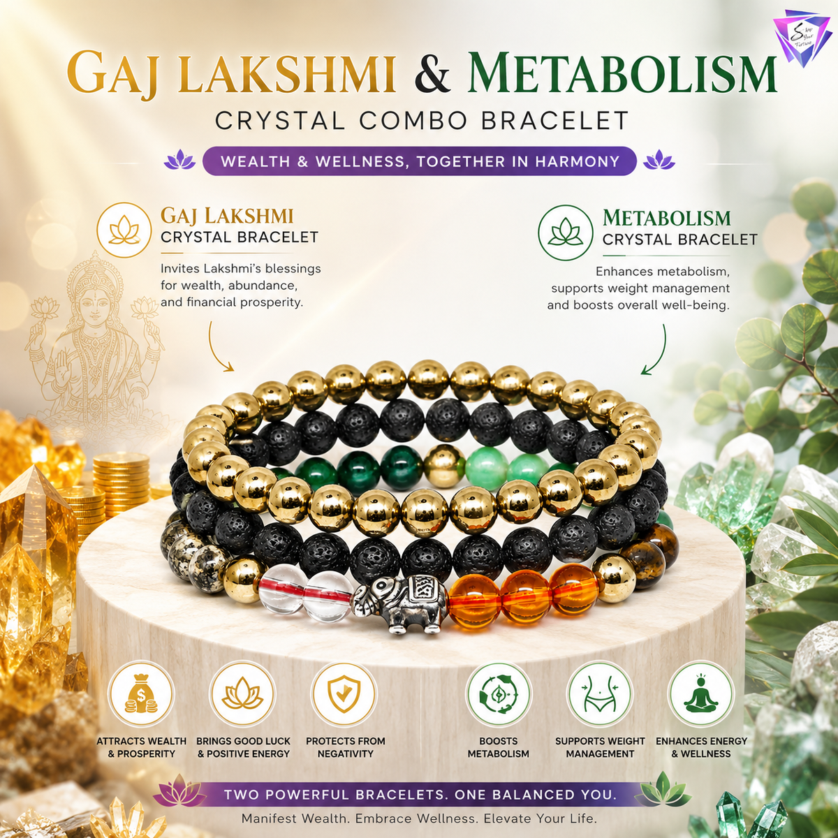 ShopYourFortune Gaj Lakshmi & Metabolism Crystal Combo Bracelet for Wealth, Wellness & Positive Energy | Natural Healing Bead Bracelets for Prosperity, Weight Management & Protection