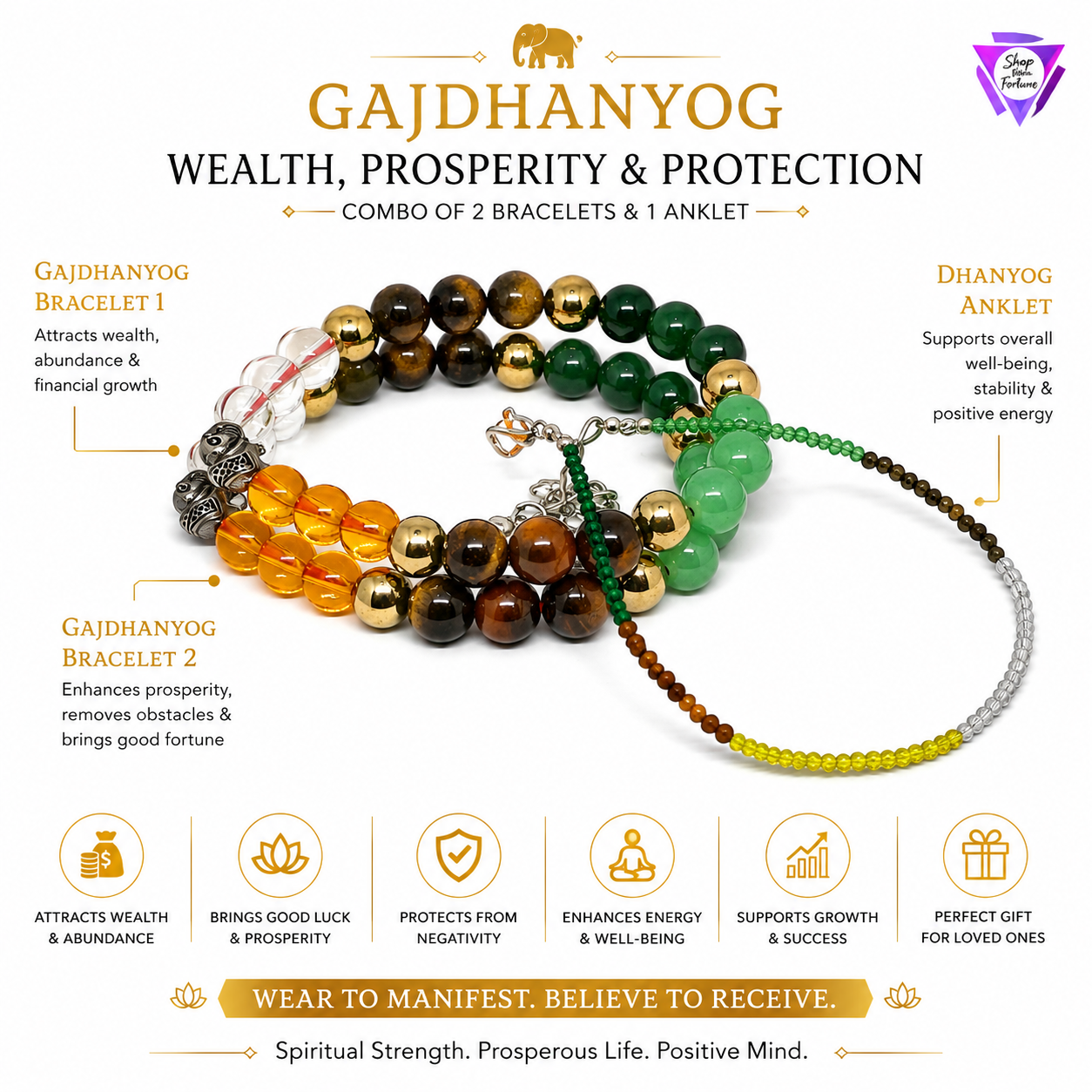 ShopYourFortune Gaj Laxmi Dhan Yog Combo Set for Wealth, Prosperity & Positive Energy | Natural Crystal Bracelets + Diamond Cut Anklet | Lakshmi Blessing Couple Combo for Men & Women