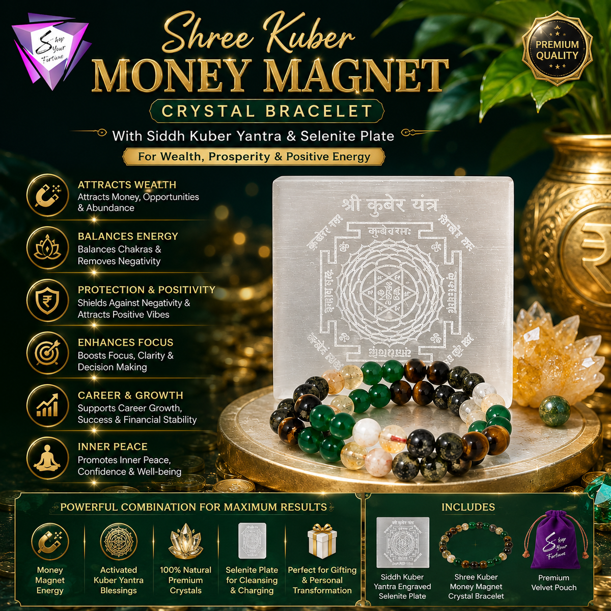 ShopYourFortune Shree Kuber Money Magnet Crystal Bracelet with Siddh Kuber Yantra & Selenite Plate for Wealth, Prosperity, Protection & Positive Energy