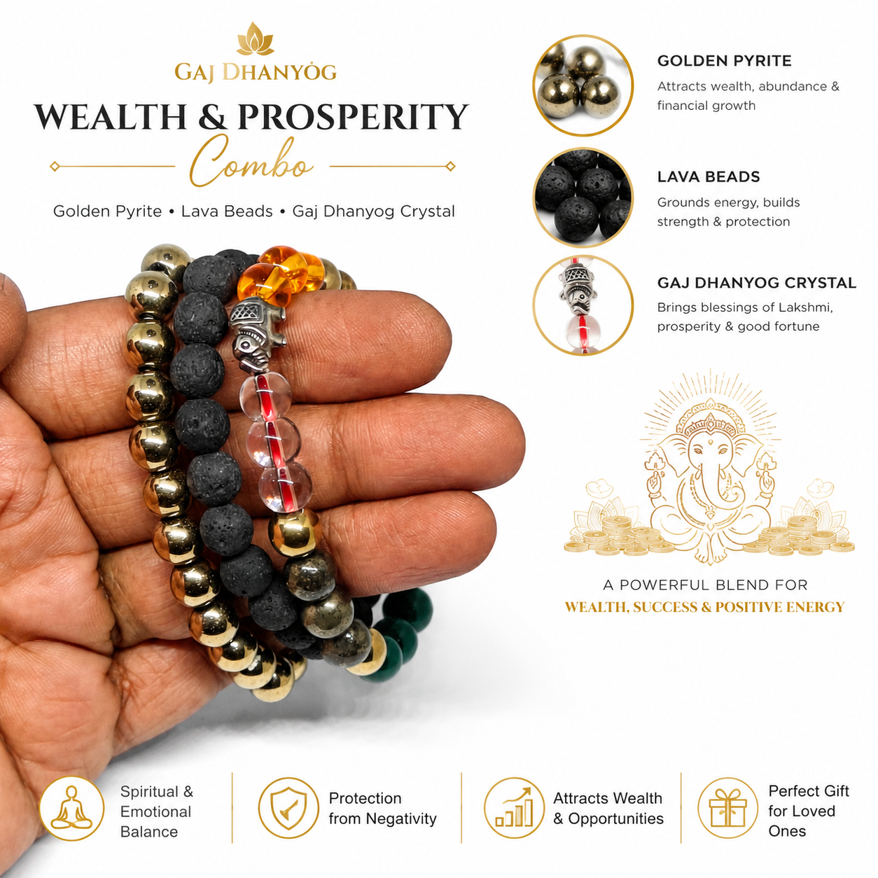 ShopYourFortune Gaj Lakshmi & Metabolism Crystal Combo Bracelet for Wealth, Wellness & Positive Energy | Natural Healing Bead Bracelets for Prosperity, Weight Management & Protection