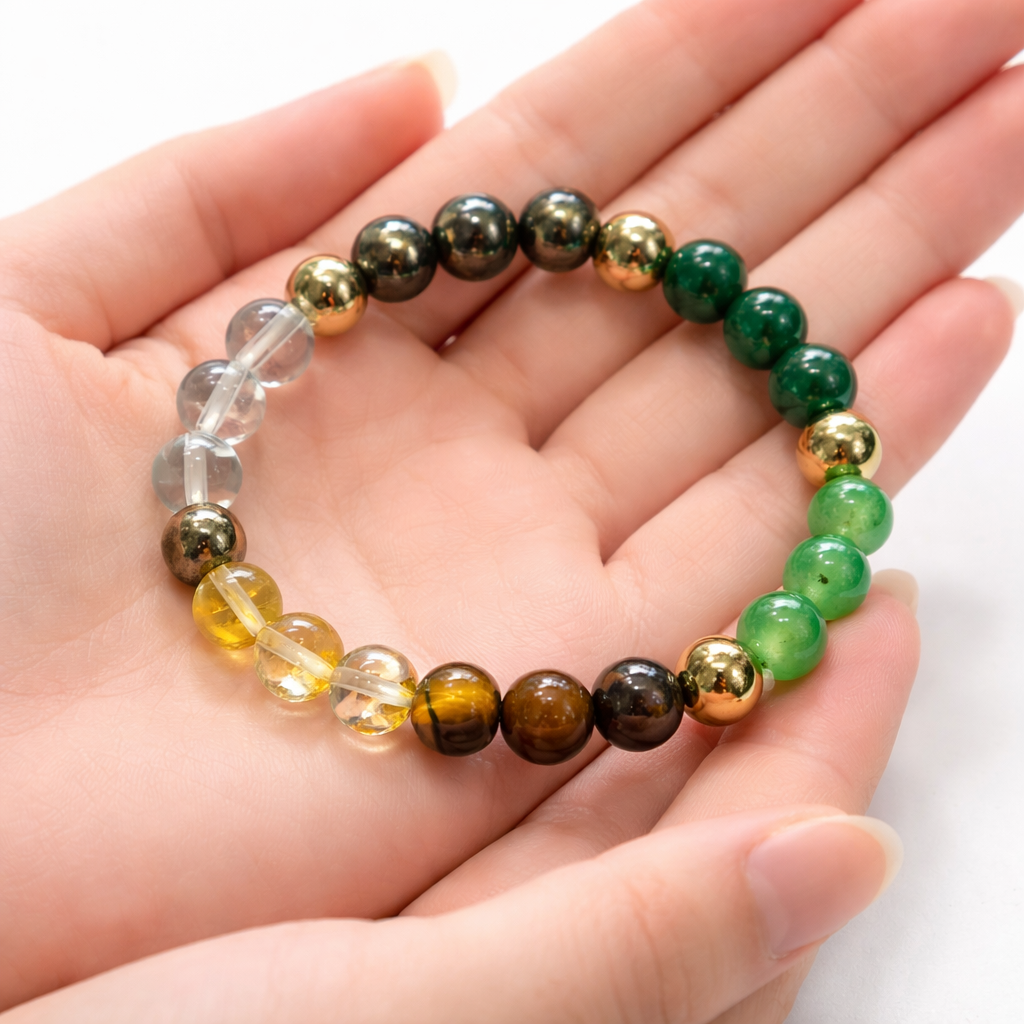 Premium Dhan Yog Crystal Bracelet for Wealth & Positivity | Pyrite Tiger Eye Quartz Jade