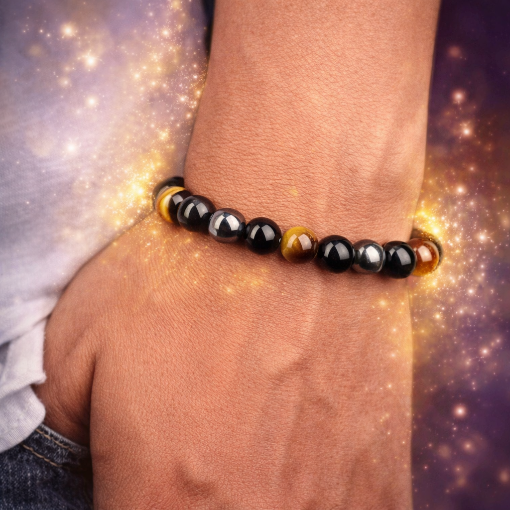 Premium Triple Protection Bracelet | Tiger Eye Black Obsidian Lava Stone Stretchable