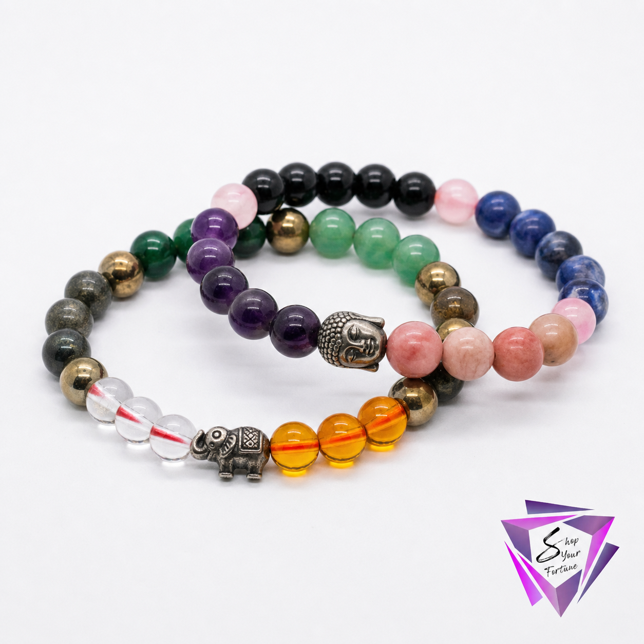ShopYourFortune Gaj Lakshmi & Metabolism Multi Crystal Bracelet Combo for Wealth, Prosperity & Wellness | Natural Healing Crystal Bead Bracelets for Positive Energy & Vitality