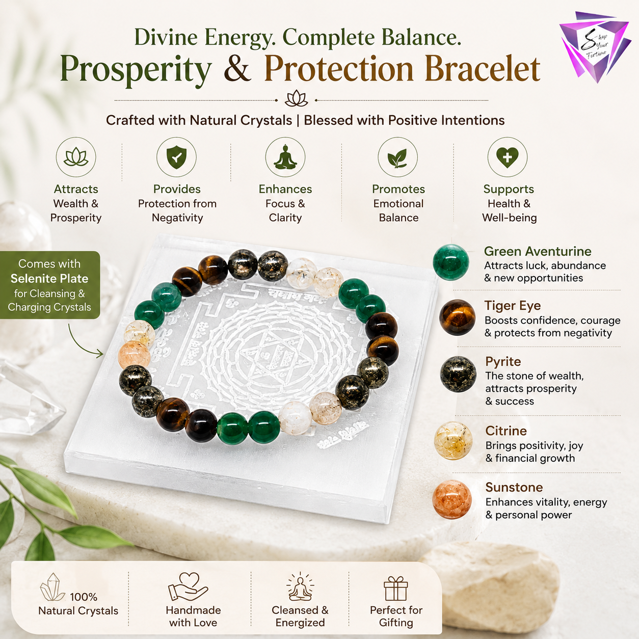 ShopYourFortune Shree Kuber Money Fusion Crystal Bracelet with Siddh Kuber Yantra Selenite Plate for Wealth, Prosperity & Positive Energy | Natural Healing Crystal Bracelet