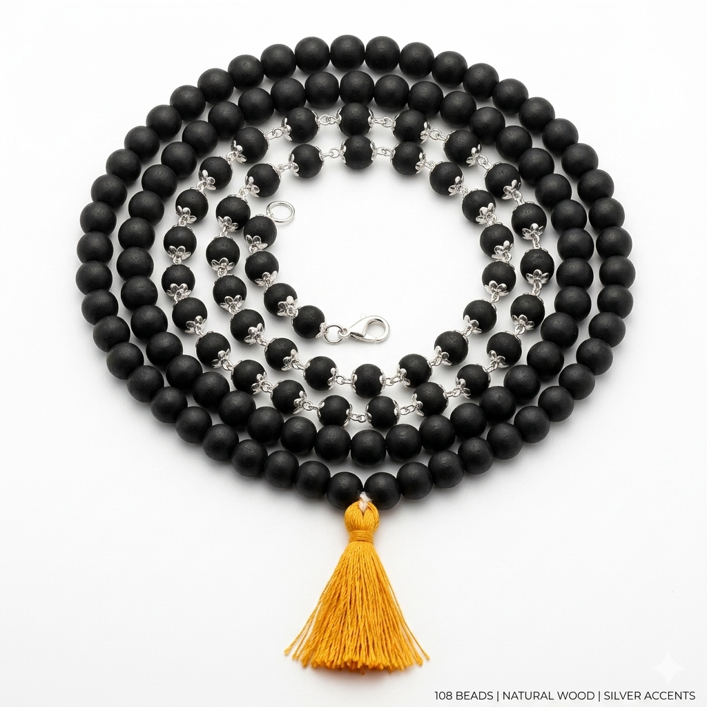 Karungali Black Matte Mala Combo (108 + 54 Beads) with Silver Accents | Original Ebony Wood Japa Mala Set for Protection, Meditation & Positive Energy (Unisex)