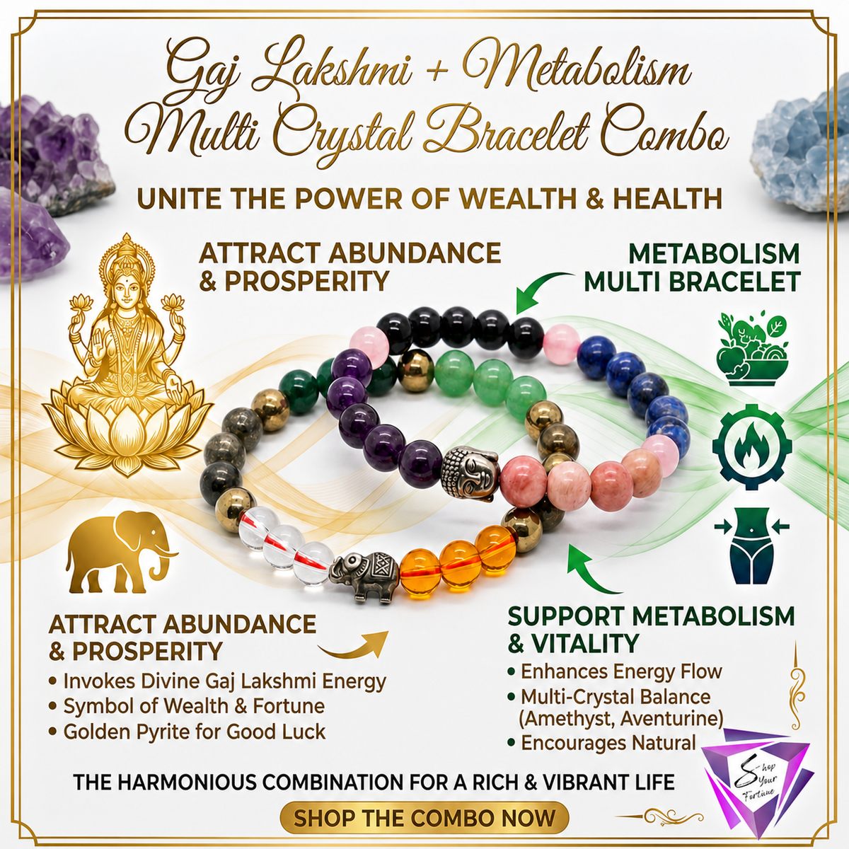 ShopYourFortune Gaj Lakshmi & Metabolism Multi Crystal Bracelet Combo for Wealth, Prosperity & Wellness | Natural Healing Crystal Bead Bracelets for Positive Energy & Vitality
