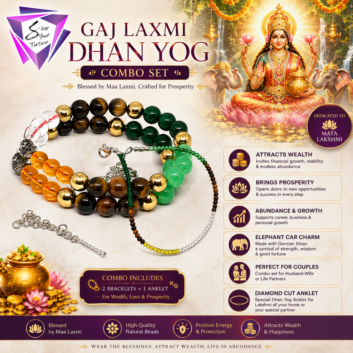 ShopYourFortune Gaj Laxmi Dhan Yog Combo Set for Wealth, Prosperity & Positive Energy | Natural Crystal Bracelets + Diamond Cut Anklet | Lakshmi Blessing Couple Combo for Men & Women