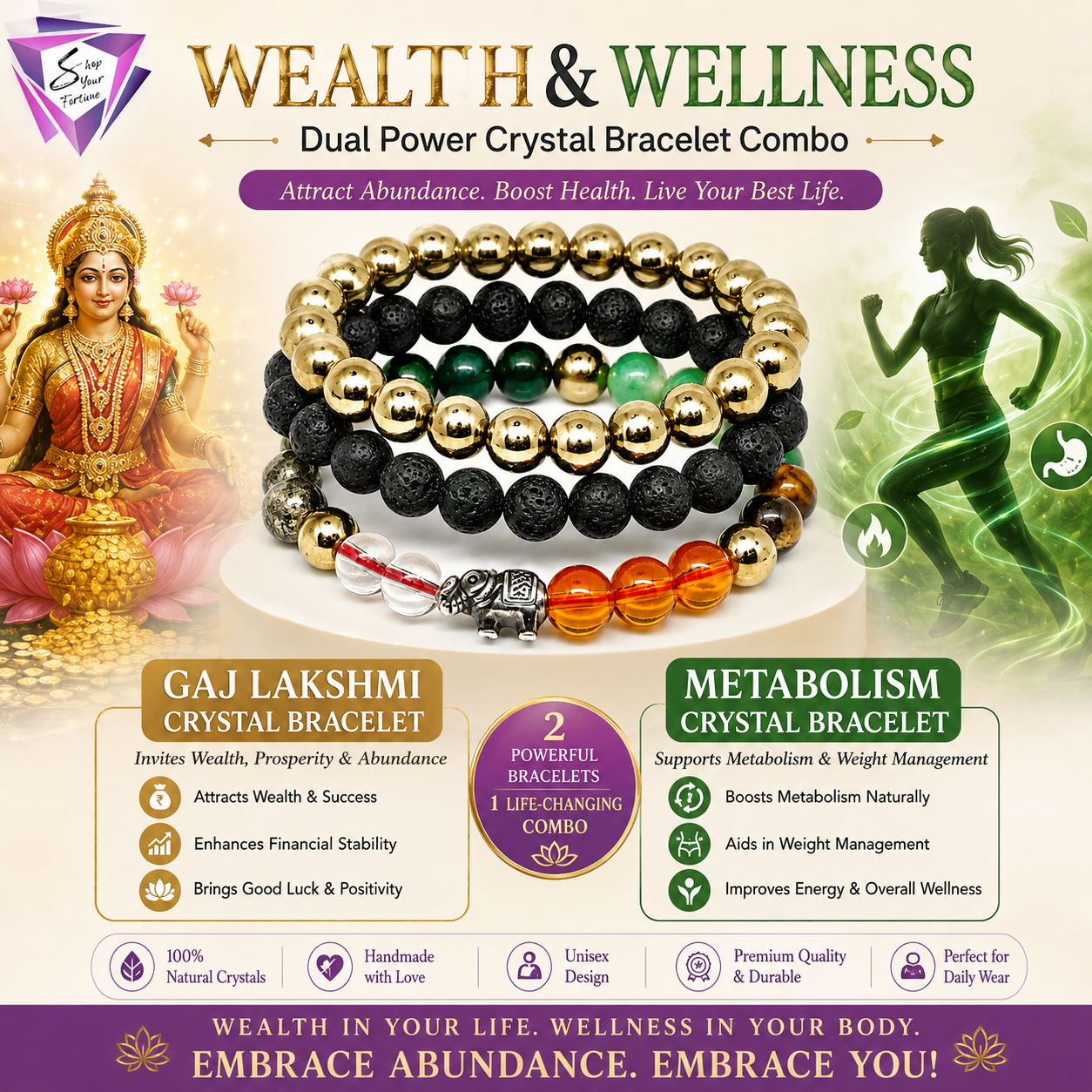 ShopYourFortune Gaj Lakshmi & Metabolism Crystal Combo Bracelet for Wealth, Wellness & Positive Energy | Natural Healing Bead Bracelets for Prosperity, Weight Management & Protection