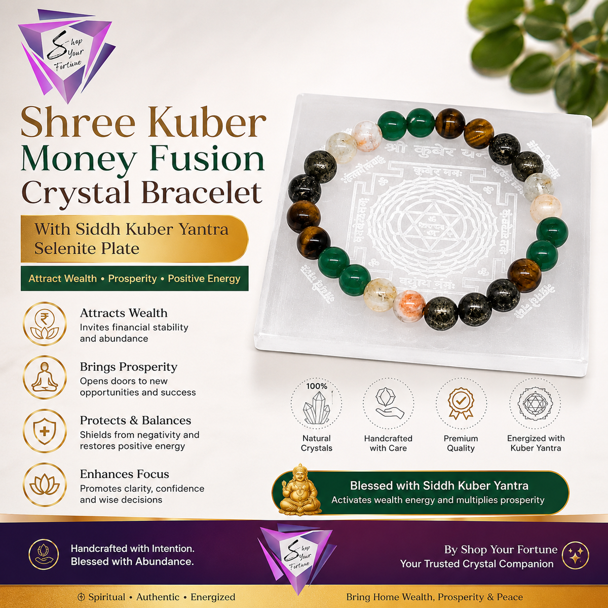 ShopYourFortune Shree Kuber Money Fusion Crystal Bracelet with Siddh Kuber Yantra Selenite Plate for Wealth, Prosperity & Positive Energy | Natural Healing Crystal Bracelet