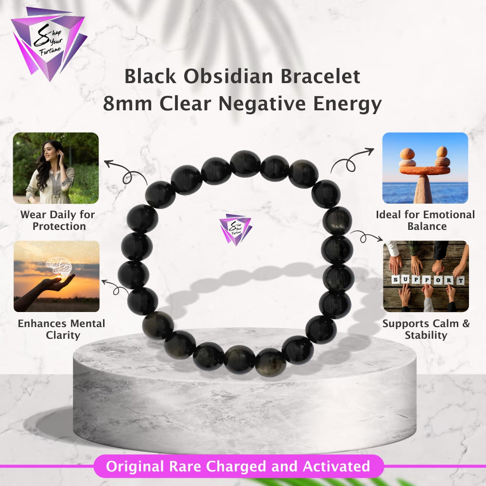 Black Obsidian Bracelet – 8MM Clear Negative Energy