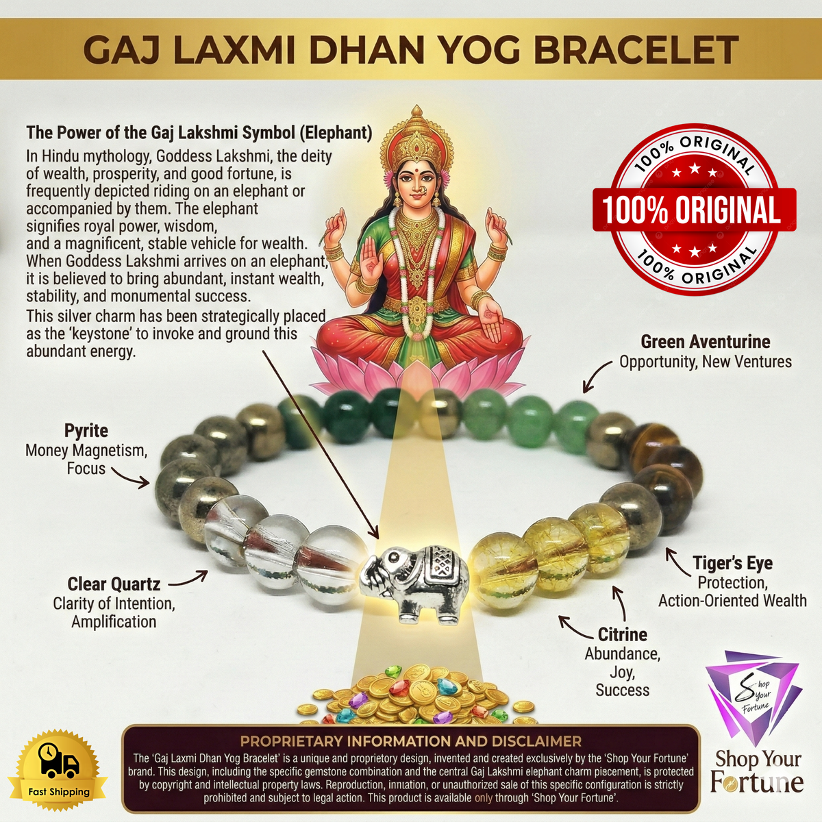 Gaj Laxmi Dhan Yog Bracelet with Elephant Symbol | Prosperity & Positive Energy Crystal Bracelet | Unisex Stretchable Spiritual Bracelet