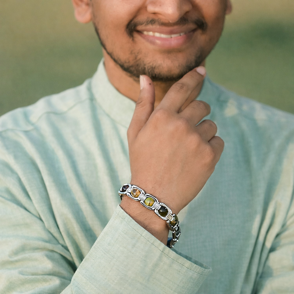 Dhan Yog Crystal Bracelet – Green Aventurine, Tiger Eye, Citrine, Pyrite & Clear Quartz | Wealth, Prosperity & Money Attraction Bracelet for Men & Women