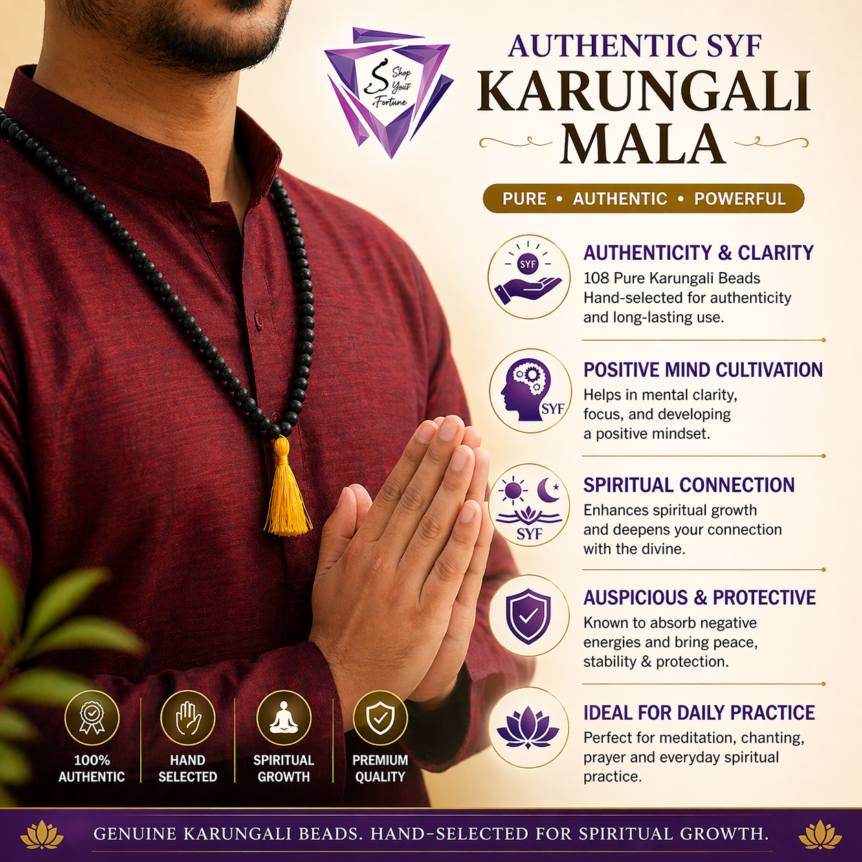 Karungali Mala 108+1 Beads | Original Ebony Wood Japa Mala with Guru Bead | Shiva Meditation Necklace for Protection, Jaap & Positive Energy (Unisex)