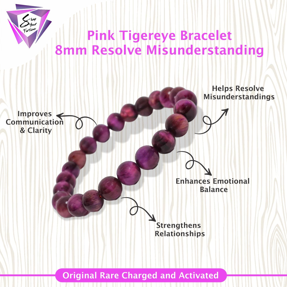Pink Tigereye Bracelet 8MM- Resolve Misunderstanding