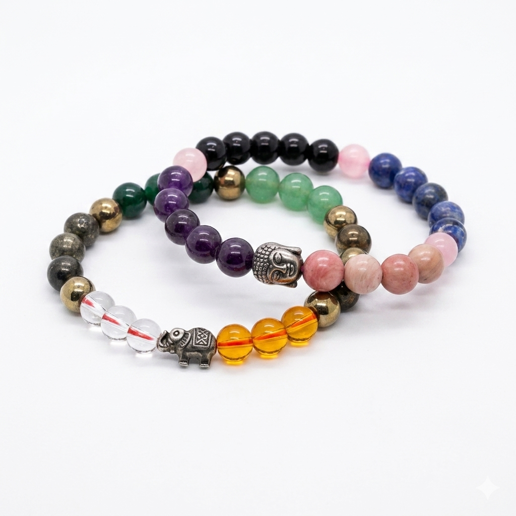 ShopYourFortune Gaj Lakshmi & Metabolism Multi Crystal Bracelet Combo for Wealth, Prosperity & Wellness | Natural Healing Crystal Bead Bracelets for Positive Energy & Vitality