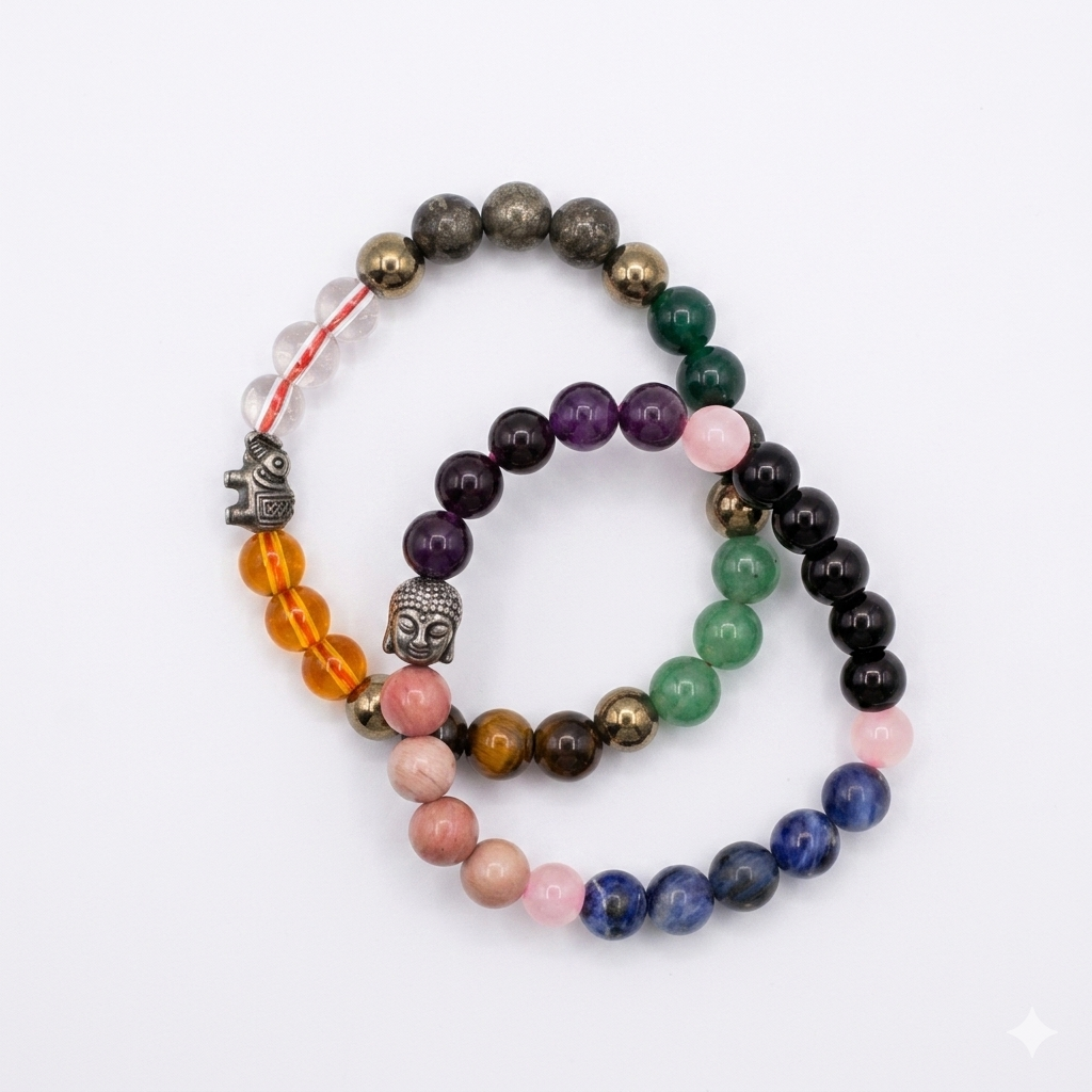 ShopYourFortune Gaj Lakshmi & Metabolism Multi Crystal Bracelet Combo for Wealth, Prosperity & Wellness | Natural Healing Crystal Bead Bracelets for Positive Energy & Vitality
